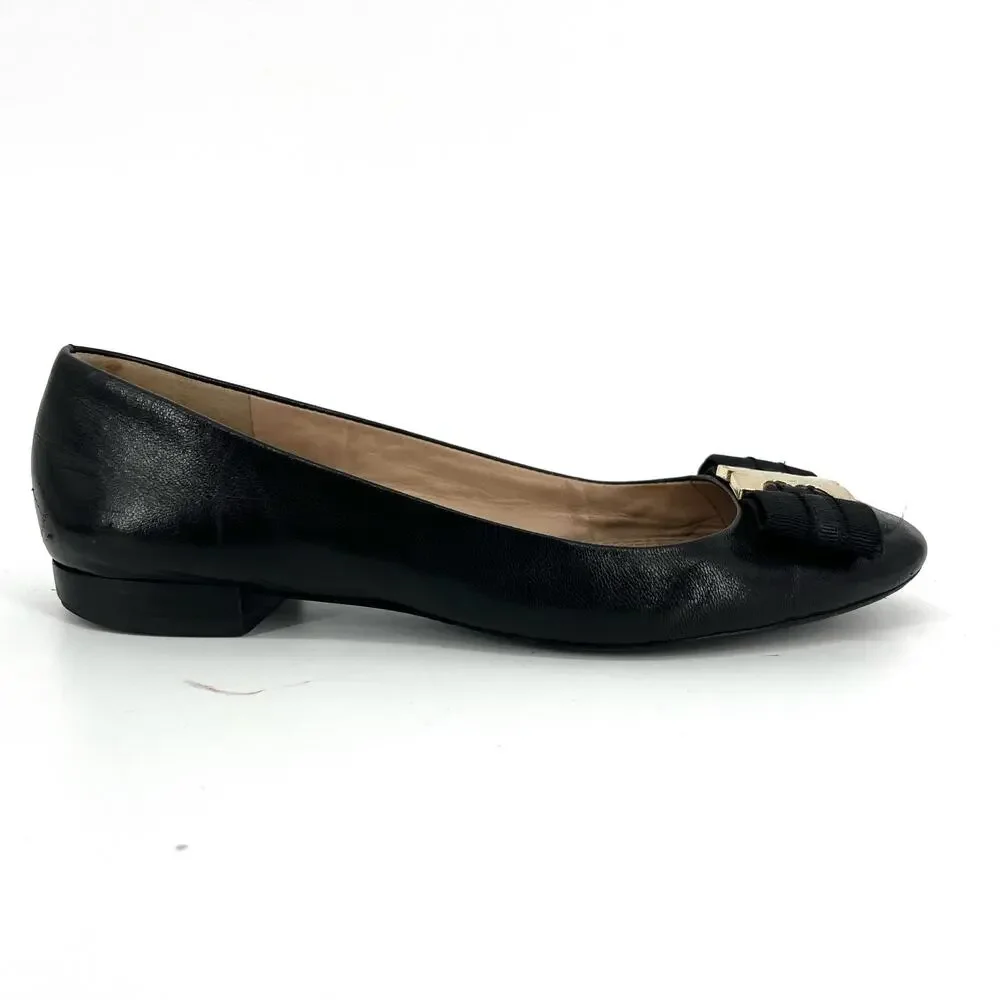 Tory Burch Black Leather‎ Gemini Logo Flat Ballet Pumps Ribbon Bow (5.5)